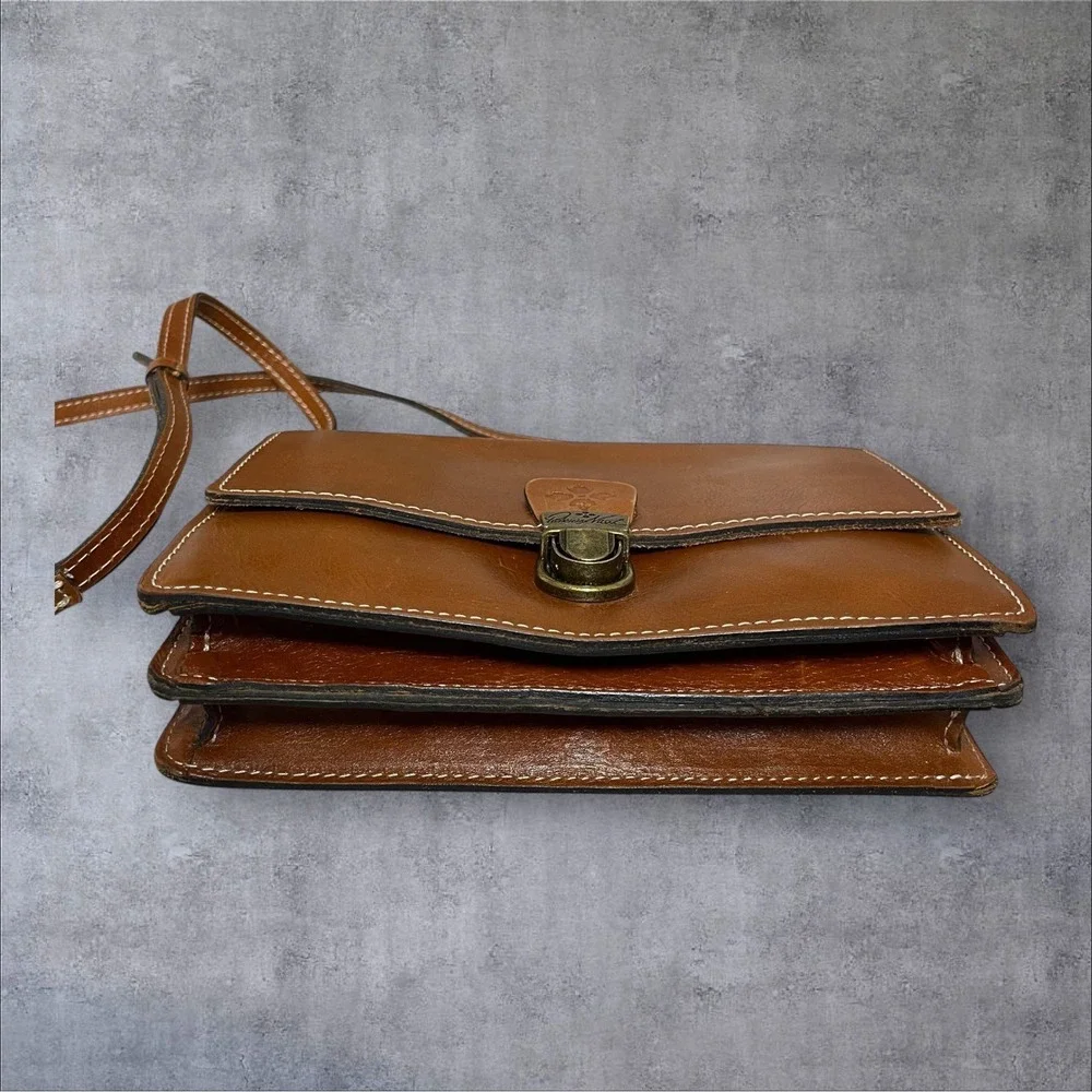 Patricia Nash Italian Leather Brown Crossbody Bag Vintage Push Lock Accordion‎